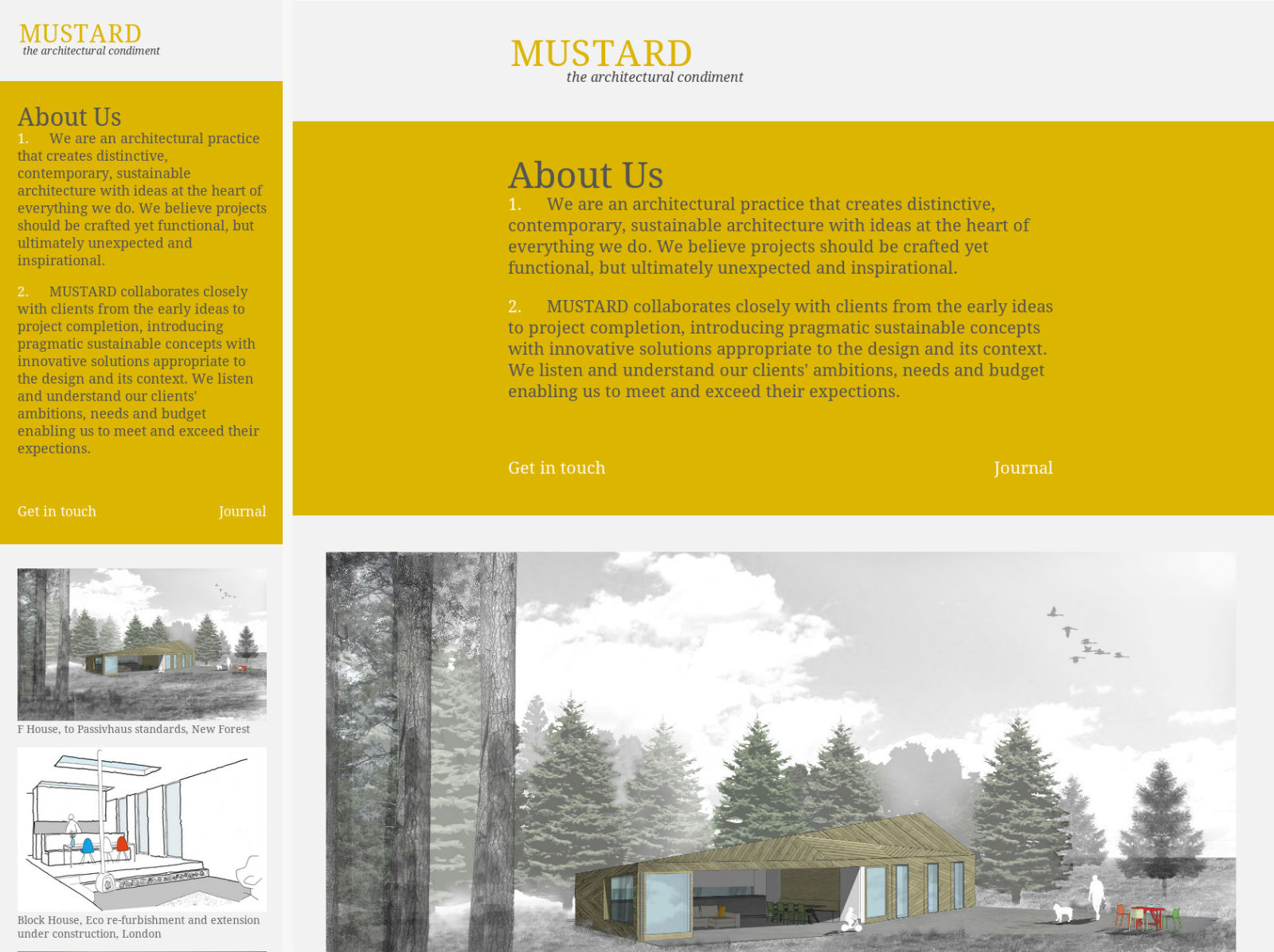 Various views of mustardarchitects.com in different sized web browsers